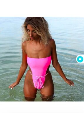 Andi Bagus Strapless Neon Pink One-Piece Swimsuit with tie around waist